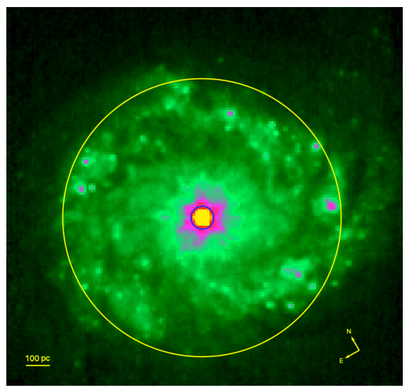 This image is another view of NGC 7469's active galactic nucleus and starburst ring. The ring is resolved into dozens of star-forming knots, interspersed with dust lanes and emission regions. This paper focuses on the spectrum from the AGN. Image Credit: Armus et al. 2022.