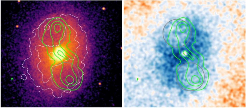 Observations by NASA's Chandra X-ray Observatory (left image) and by GBO's MUSTANG-2 instrument (right image) clearly show the enormous cavities (highlighted with gray circles) excavated by the powerful radio jets (green contours) expelled from the black hole at the center of galaxy cluster MS0735. The green contours in both images are from observations performed by the Naval Research Laboratory's VLA Low-band Ionosphere and Transient Experiment (VLITE) back end used on the National Radio Astronomy Observatory's (NRAO) Very Large Array (VLA). Image Credit: Orlowski-Scherer et al. 2022.