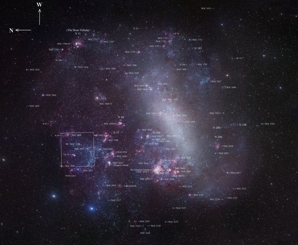 Esta imagen muestra la ubicación de muchos objetos astronómicos interesantes en la LMC.  Haga clic para ampliar y explorar esta fascinante región.  Crédito de la imagen: por Robert Gendler/ESO - https://www.eso.org/public/images/eso1021d/, CC BY 4.0, https://commons.wikimedia.org/w/index.php?curid=49069611