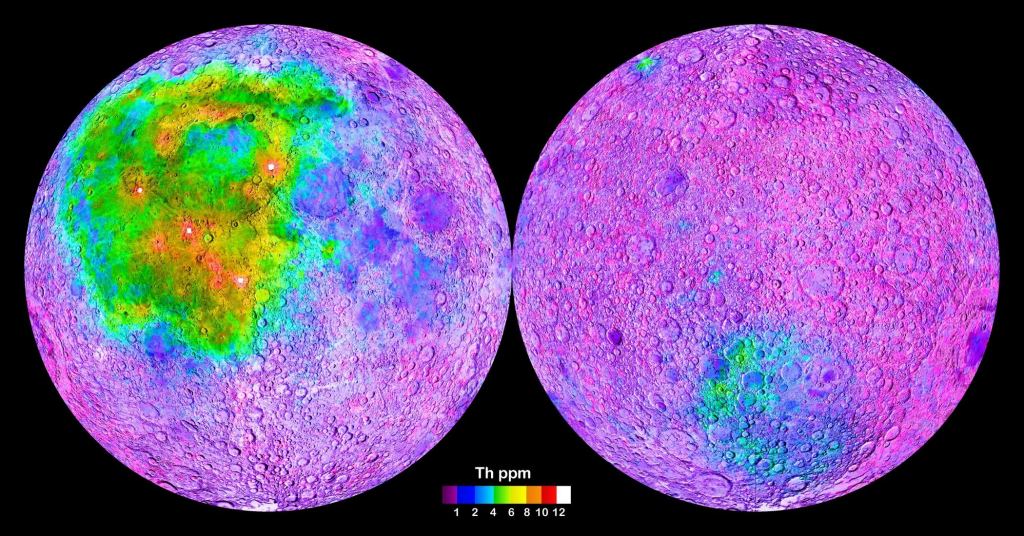 The Moon's Procellarum KREEP Terrane contains rare earth elements needed for advanced manufacturing. It also contains elevated levels of Thorium. It's the colourful area on the left, on the Moon's near-side. Image Credit: By NASA -  Public Domain, 