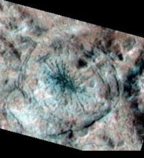 This image of Manannan Crater shows concentric rings and a "spider-like" terrain. Previous research suggests the unusual feature is a sign that the crater penetrated deep enough to create a permeable column between the surface and the ocean. Image Credit: NASA/JPL/University of Arizona.