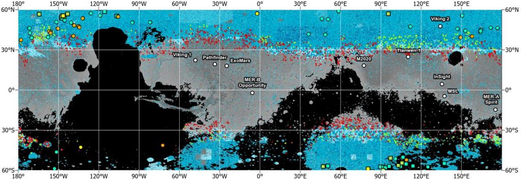 Mars SWIM Project ice-consistency results from a depth range of 1-5 m. Map of ice consistency across the study area; blue areas indicate presence of ice, red areas contain no ice. A map like this is crucial for planning a landing site with access to water. Courtesy NASA.