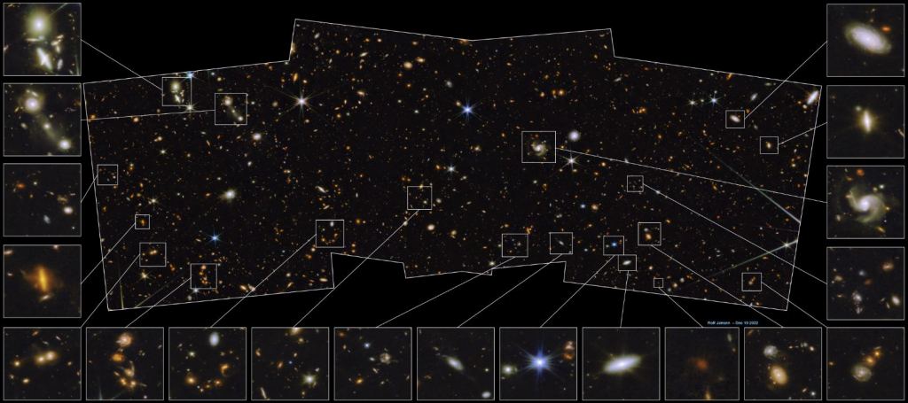PEARLS has captured one of the first medium-deep wide-field images of the cosmos. This image is only one-quarter the size of the final image and features interacting galaxies with active nuclei. Click the image for a much larger, zoomable, version of the image. It's filled with red-shifted objects that date from the Universe's early days. Image Credit: SCIENCE: NASA, ESA, CSA, Rolf A. Jansen (ASU), Jake Summers (ASU), Rosalia O'Brien (ASU), Rogier Windhorst (ASU), Aaron Robotham (UWA), Anton M. Koekemoer (STScI), Christopher Willmer (University of Arizona), JWST PEARLS Team
IMAGE PROCESSING: Rolf A. Jansen (ASU), Alyssa Pagan (STScI)