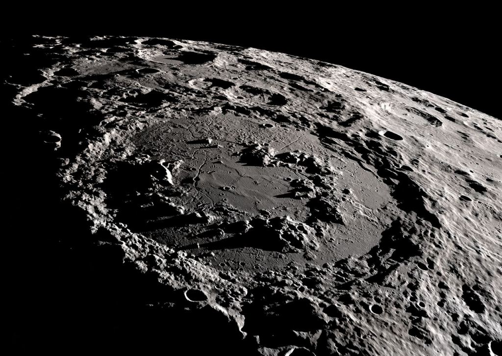 The Schrodinger impact basin is on the lunar far side. It's a strong example of a peak-ring basin, which has a central peak ring rather than a single central peak. Schrodinger is an ancient basin and formed around 3.8 to 3.9 billion years ago. Image Credit: NASA Scientific Visualization Studio (NASA SVS).