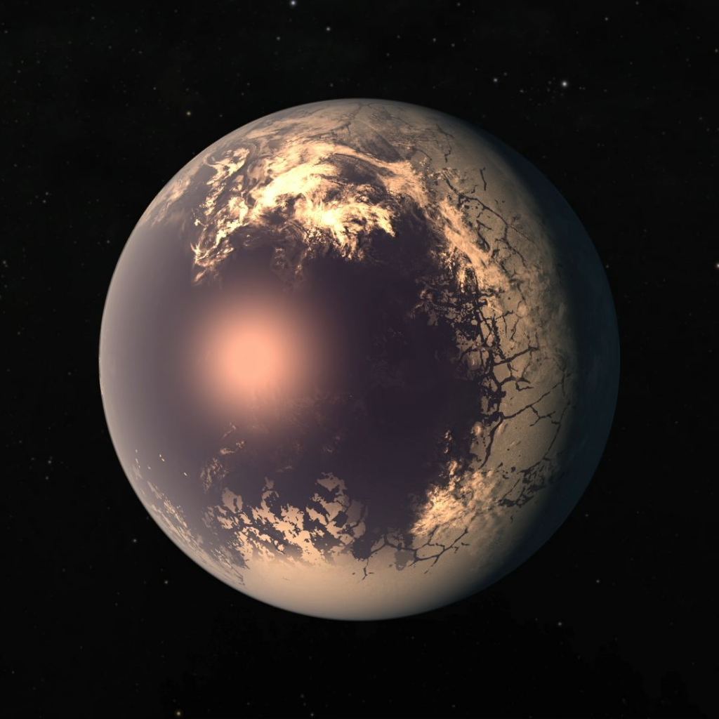 This is an artist's impression of the exoplanet TRAPPIST-1f. It's likely an example of a "cold" eyeball planet with an ice shell pierced by an ocean on the side facing the star. Image Credit: By NASA/JPL-Caltech - Catalog page · Full-res (MOV), Public Domain, https://commons.wikimedia.org/w/index.php?curid=56552366