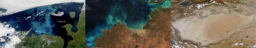 These are three images from VIIRS instruments from the last few years. Left is a plankton bloom in the Barents Sea. The middle is neritic sediment in Northwest Australia's coastline. Right is a dust storm in China's Taklamakan Desert, trapped by three mountain ranges. Image Credit: NOAA VIIRS Team.