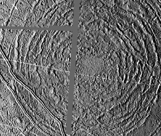 This is the Tyre impact crater on Europa. The bulls-eye of the crater is about 40km (25 miles) in diameter, but the entire impact structure is much larger: this image covers an area of approximately 424 by 456 kilometres (265 by 285 miles.) This is a mosaic image, and individual images were taken on March 29, 1998, at a range of approximately 18,000 kilometres (11,250 miles) by the Solid State Imaging (SSI) system on NASA's Galileo spacecraft. Image Credit: NASA