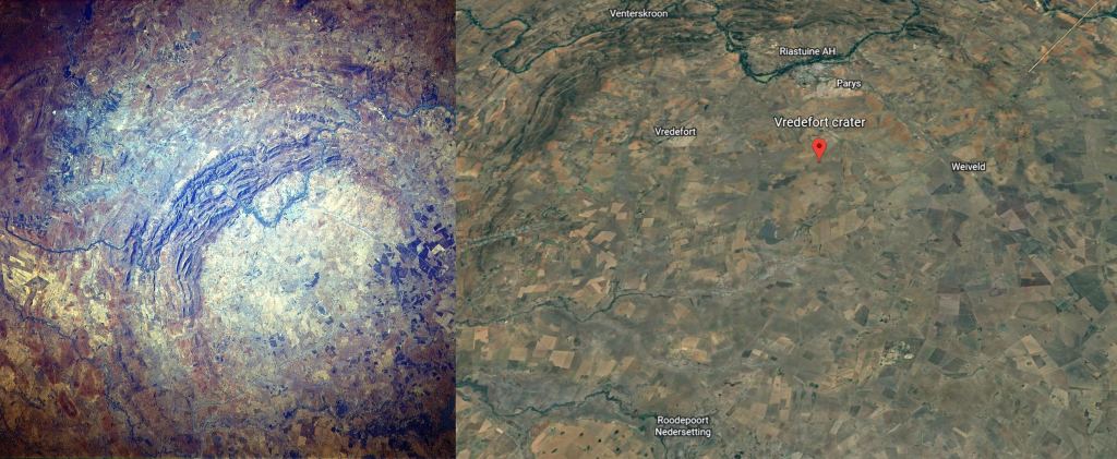 The Vredefort Crater in modern-day South Africa is the largest impact structure on Earth. It was created about 2 billion years ago by the largest object to impact Earth since the Hadean Eon. Now it's covered with farmland. Image Credit: Left: NASA, Right: Google Earth.