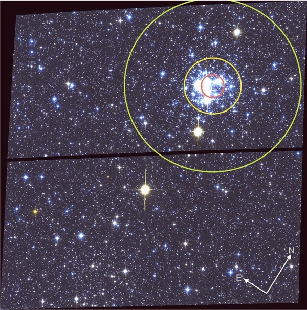 Not all of Hubble's images are valuable purely for their aesthetic quality. Sometimes the space telescope is tasked with gathering images for scientific purposes. In this one, an ACS/WFC (Advanced Camera for Surveys/Wide-Field Camera) colour-composite image of NGC 376, the red circle defines the area within the core radius, and the yellow solid circle marks the area within the tidal radius. The green solid circle shows the extent of the cluster's tail, which isn't really visible in this image. Image Credit: E. Sabbi et al 2011 ApJ 739 15