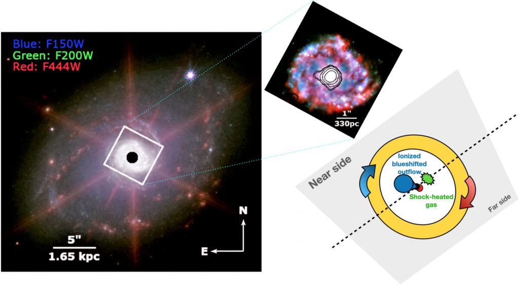 This image shows NGC 7469's spiral structure with its nucleus blocked out. The white square in the main image is expanded in the upper right image. Since this paper is focused on gas dynamics, the upper right image shows the star-forming ring around the central nucleus. The white-contoured region shows blue-shifted gas travelling toward us from the AGN. The cartoon schematic shows a nearly face-on outflow that appears one-sided and mostly in blueshift (blue cone). The shock-heated gas is the result of outflow striking the galaxy's interstellar medium, an example of AGN feedback. The cartoon isn't to scale; it's just to show one plausible interpretation of the observations. Image Credit: Vivian U et al. 2022 ApJL 940 L5