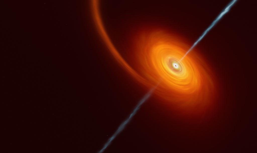 This artist’s impression illustrates how it might look when a star approaches too close to a black hole, where the star is squeezed by the intense gravitational pull of the black hole. Some of the star’s material gets pulled in and swirls around the black hole forming the disc that can be seen in this image. In rare cases, such as this one, jets of matter and radiation are shot out from the poles of the black hole. Image Credit: ESO/M.Kornmesser
