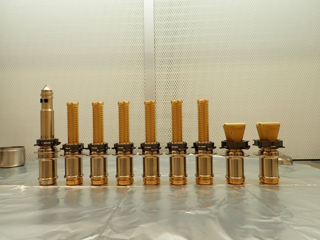 The drill bits Perseverance is using on its mission, before they were installed. Far left is the regolith bit used in the latest sample collection, while the middle ones are for rock drilling and the far right are for rock abrasion.