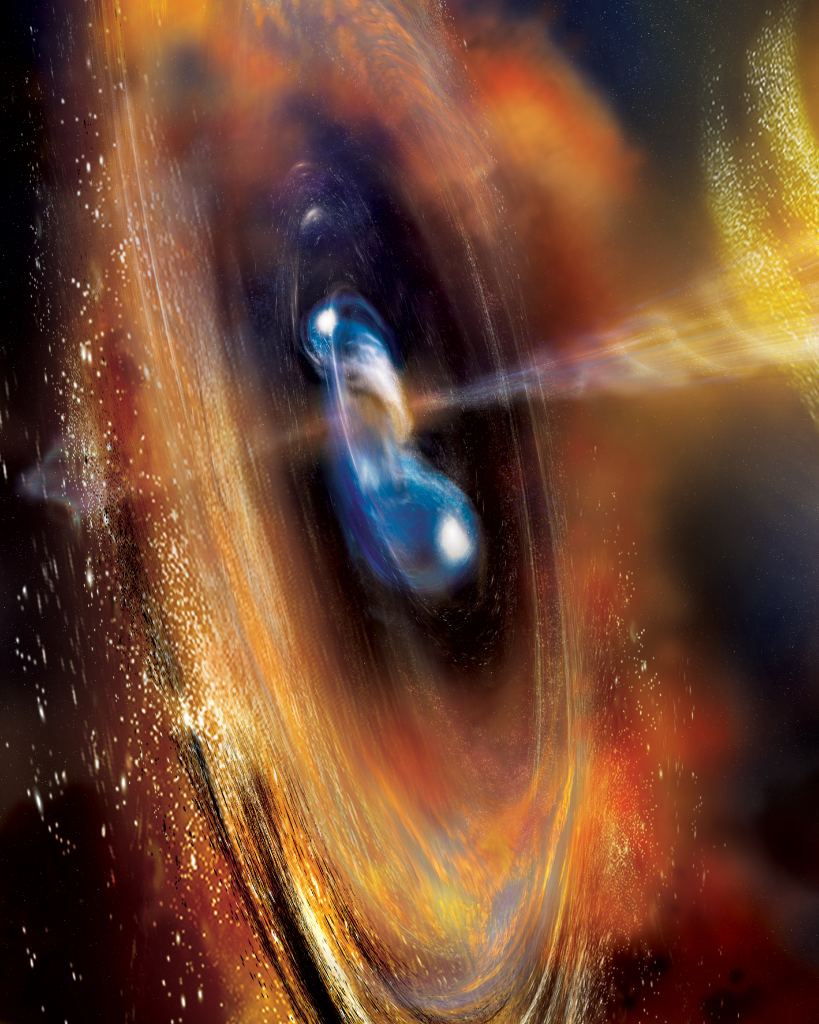 Two neutron stars begin to merge in this illustration, blasting a jet of high-speed particles and producing a cloud of debris. Scientists think these kinds of events are factories for a significant portion of the Universe's heavy elements, including gold. Image Credit: A. Simonnet (Sonoma State Univ.) and NASA’s Goddard Space Flight Center