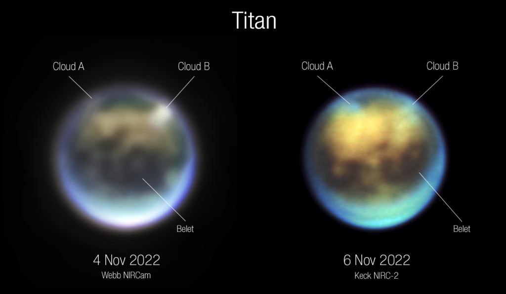 New Images of Titan From JWST and Keck Telescopes Reveal a Rare Observation