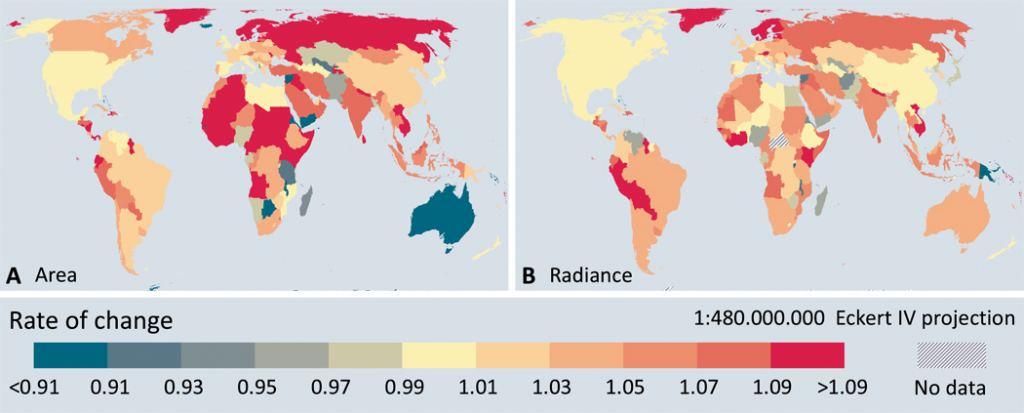 This figure from the 2017 study shows the rate of change globally for both Area and Radiance. Changes are shown as an annual rate for both lit area (A) and the radiance of stably lit areas (B). Annual rates are calculated based on changes over a four-year period from 2012 to 2016. Since this is based on satellite data, some of what it shows is related to warfare (Syria) and forest fires (Australia.) Image Credit: Kyba et al. 2017. 