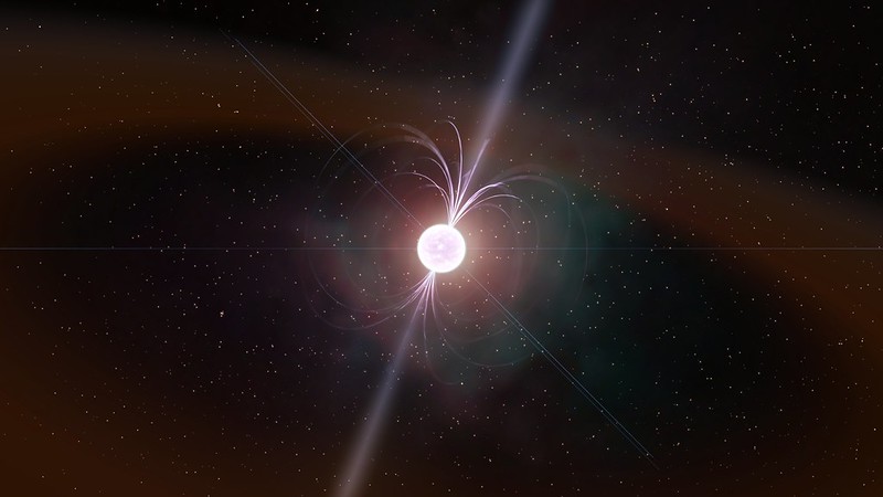 An artist's conception of a neutron star showing a schematic of its magnetic field and possible jets of material escaping from the poles. In the Scorpius X-1 system, the neutron star is paired with a low-mass star. Material escapes from the smaller star onto the surface of the neutron star. irregularities in the surface of the neutron star may play a role in creating gravitational waves. Credit: Kevin Gill, Attribution 2.0 Generic (CC BY 2.0)