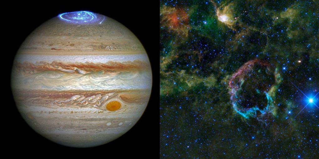 Astronomers know of hundreds of astrophysical catchers that have been created by a variety of different objects.  Jupiter and supernova remnant IC 443 are both sources.  Image credit: (L) by NASA, ESA and J.Nichols (University of Leicester).  Image credit: (R) by NASA/JPL-Caltech/WISE Team - WISE.