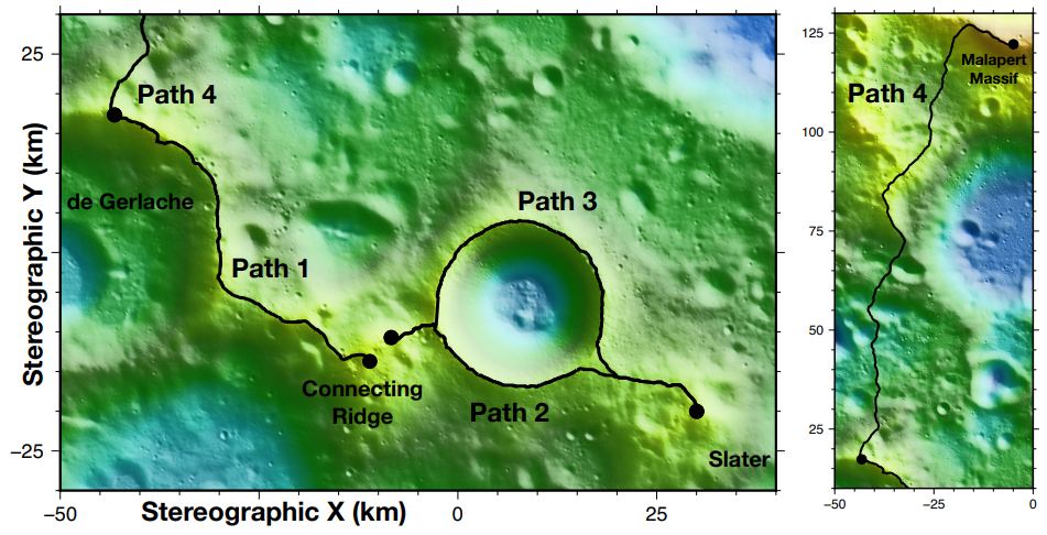LOLA topographic maps of the south pole region shown in polar stereographic projection; the South
Pole appears at coordinates (0,0). The colour indicates the elevation with respect to the 1737.4-km reference sphere. The paths are shown in black. Image Credit: Mazarico et al. 2023.