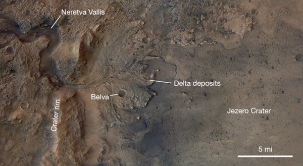 This expanded image shows the location of Neretva Vallis, the ancient river valley carved out by the river that created the delta and helped fill Jezero Crater with water. Image Credit: NASA/HiRISE/UA