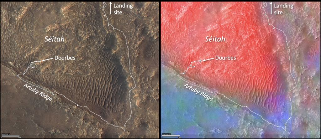 These annotated images from December 2021 show two views of the "Séítah" geologic unit of Mars' Jezero Crater. The map on the left shows the terrain features of the crater with annotations depicting the rover's route during its first science campaign. "Artuby" is a ridgeline running along a portion of the southern boundary of Séítah. "Dourbes" is the name of an abrading target on a rock in South Séítah.
The multi-hued map on the right shows the diversity of igneous (solidified from lava or magma) minerals in the same region. Olivine is shown in red. Calcium-poor pyroxene in green. Calcium-rich pyroxene is in blue. Image Credit: NASA/JPL-Caltech/CRISM/CTX/HRSC/MSSS/USGS