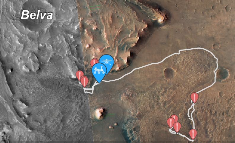 This image is from NASA's Interactive Map. It shows sampling locations in red, the rover in blue, and Ingenuity flight regions in blue. Perseverance will leave the floor of Jezero Crater and climb up to the top of the delta above it in this image. It'll take its next samples from the delta. Image Credit: NASA.