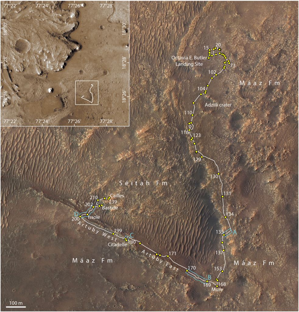 This image shows Perseverance's route early in its mission, from Sol 0 to Sol 204. The Séítah formation and the Máaz formation are labelled. Image Credit: Hamran et al. 2022. 