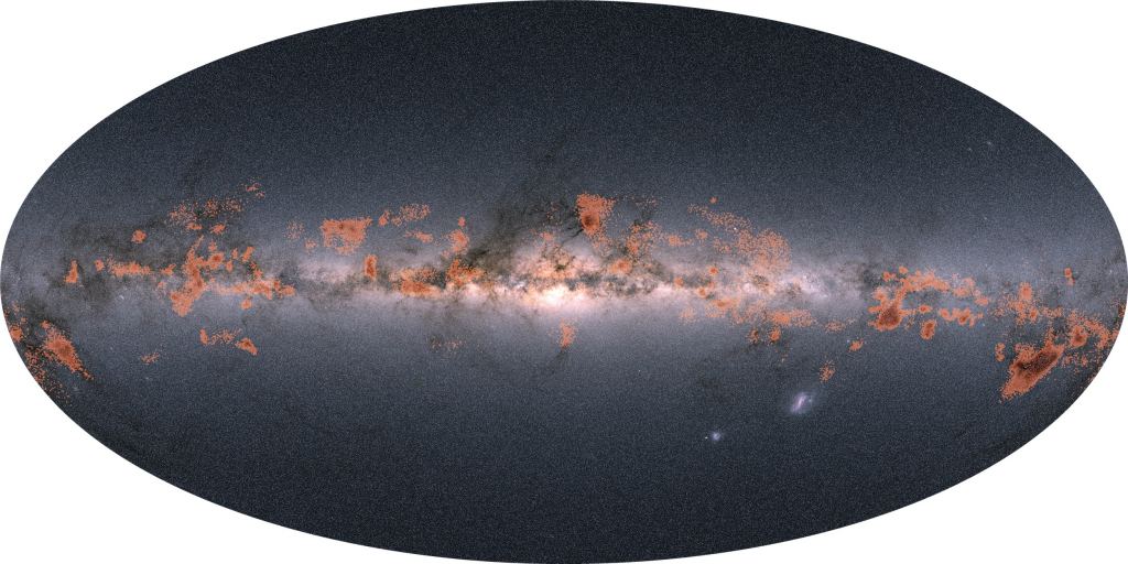 This image shows the location of stellar families in the Milky Way according to Gaia data. Families younger than 30 million years are highlighted in orange. Though their original cluster forms have shifted, Gaia still found the members by tracking their motion. Image Credit: ESA/Gaia/DPAC; Data: M. Kounkel & K. Covey (2019) 