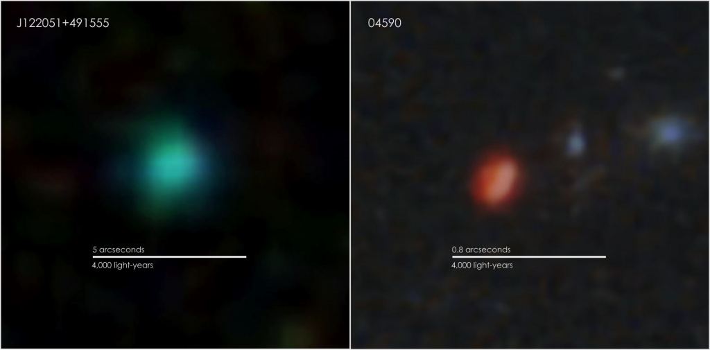 These images show a green pea galaxy imaged by the Sloan Digital Sky Survey on the left and an infrared picture of an early pea captured by NASA's James Webb Space Telescope. At left is J122051+491255, a green pea about 170 million light-years away that's about 4,000 light-years across. That's a typical size for a green pea. At right is an early pea known as 04590, whose light has taken 13.1 billion years to reach us. 04590 is even compact than the other two JWST galaxies, comparable to the smallest nearby green peas. Image Credit: SDSS and NASA, ESA, CSA, and STScI