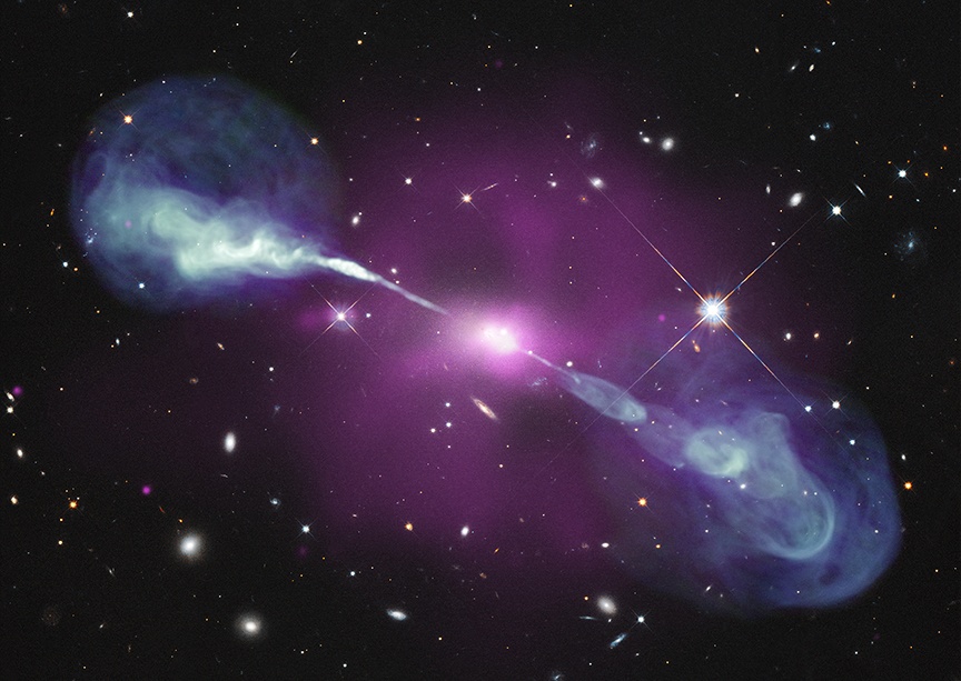Cette image composite montre l'amas de galaxies Hercules A. Elle met en évidence l'interaction complexe entre la galaxie centrale, les jets radio de son trou noir supermassif et le milieu intraamas lumineux aux rayons X.  Cette rétroaction du trou noir est importante dans l'évolution des galaxies, mais de nombreuses questions restent sans réponse.  Crédit d'image : Rayons X : NASA/CXC/SAO, Optique : NASA/STScI, Radio : NSF/NRAO/VLA)