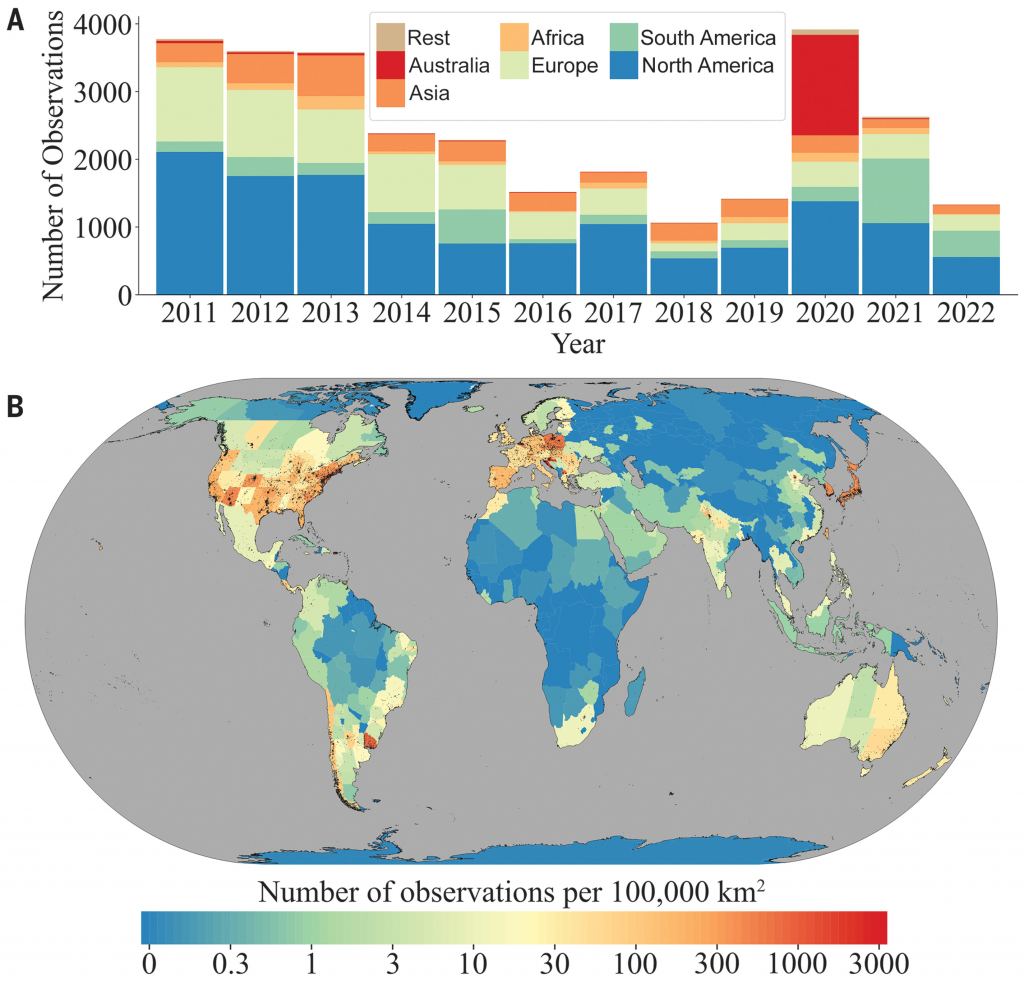 This figure from the study shows where citizen scientists' observations were distributed globally. A shows the number of observations by year and continent, and B shows the spatial distribution of all years combined. Image Credit: Kyba et al. 2023.  