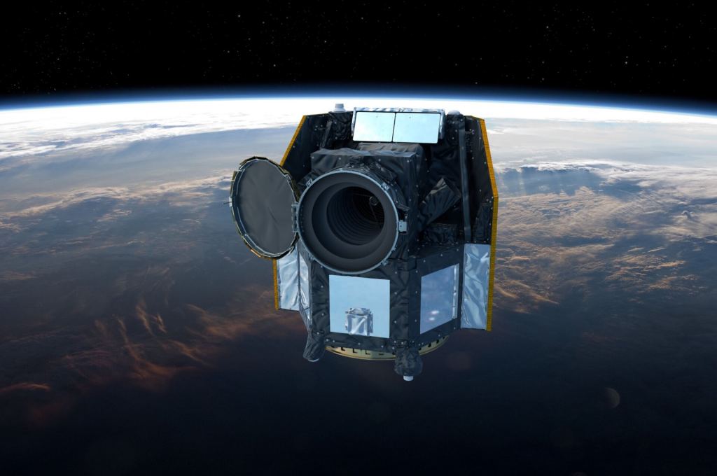 Artist's impression of Cheops, ESA's Characterising Exoplanet Satellite, in orbit above Earth. In this view, the satellite's telescope cover is open. Image Credit: ESA / ATG medialab