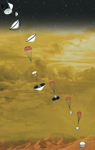 This illustration shows DAVINCI+'s atmospheric probe descending through Venus' atmosphere. The probe will help scientists understand the connections between Venus' surface and its atmosphere, which could shed light on the planet's history and potential ancient habitability. Image Credit: NASA/GSFC - NASA/GSFC, http://science.gsfc.nasa.gov/690/photos.html, Public Domain, https://commons.wikimedia.org/w/index.php?curid=47317724