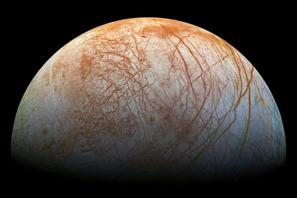 Jupiter's second Galilean moon, Europa. What's under all that ice? (Credit: NASA/JPL/Galileo spacecraft)