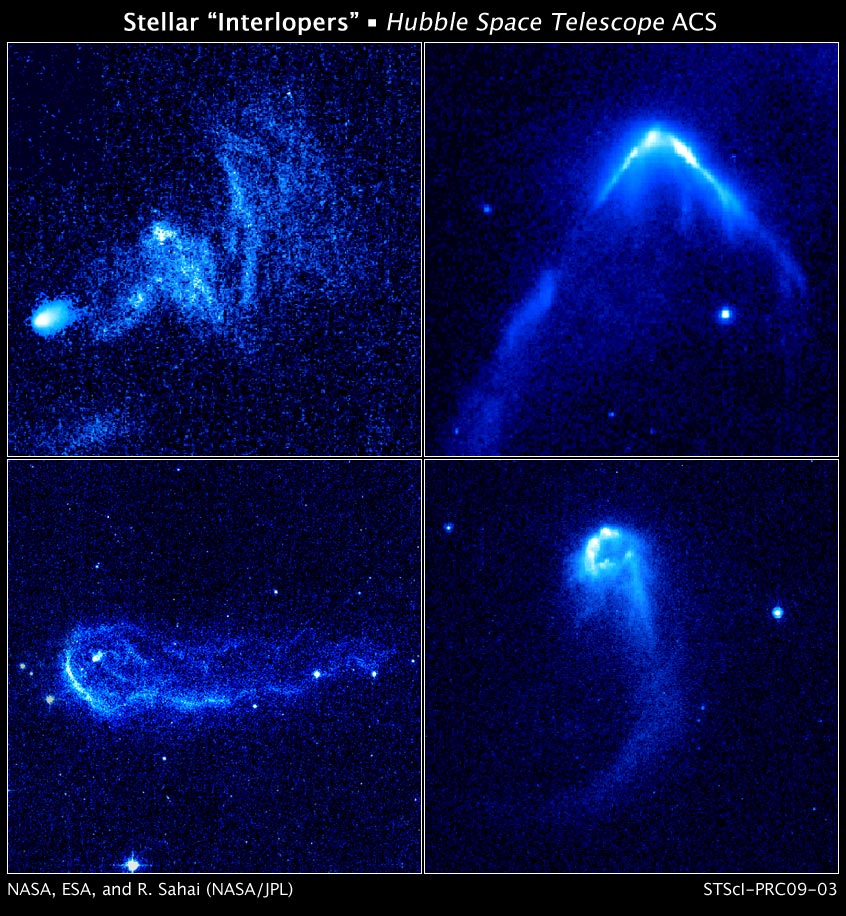 These Hubble images show four runaway stars creating bright patterns in gas as they plow through interstellar space. Image Credit: By NASA - Hubble's Advanced Camera for Surveys - http://hubblesite.org/newscenter/archive/releases/2009/03/image/a/, Public Domain, https://commons.wikimedia.org/w/index.php?curid=5668638