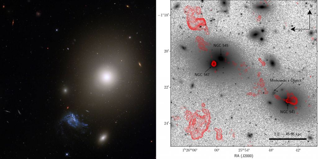This image shows two views of Minkowski's Object. On the left is a Hubble image showing MO in blue. The elliptical galaxy NGC 541 is above and to the right. A jet coming from NGC 541's black hole is powering star formation in Minkowski's Object. Image Credit: (L) NASA, ESA, and S. Croft (Eureka Scientific Inc.); Image Processing: Gladys Kober (NASA Goddard/Catholic University of America). (R) Sloan Digital Sky Survey/H. R. M. Zovaro et al. 