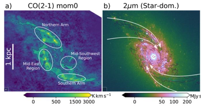 These images are from one of the new PHANGS papers based largely on JWST observations. It shows the names given to the inner regions of NGC 1365 (left) and the flow of gas into those regions (right.) The images are part of understanding stellar feedback in the galaxy's starburst ring, where gas is funnelled into the center to form stars, and the stars, in turn, affect the gas. Image Credit: Liu et al. 2023.