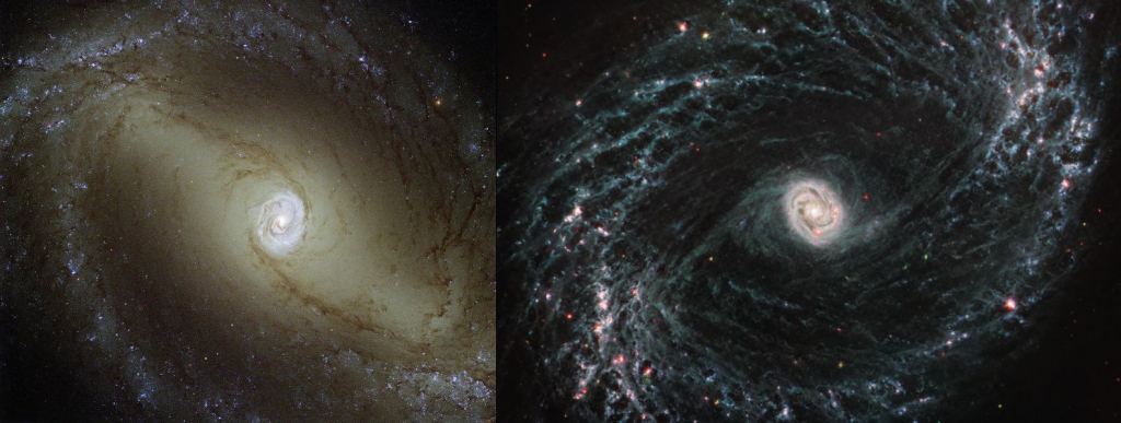 The spiral galaxy NGC 1433, as imaged by Hubble (left) and the JWST (right.) Image Credits: (L) NASA/ESA/Hubble. (R) NASA/ESA/CSA/JWST