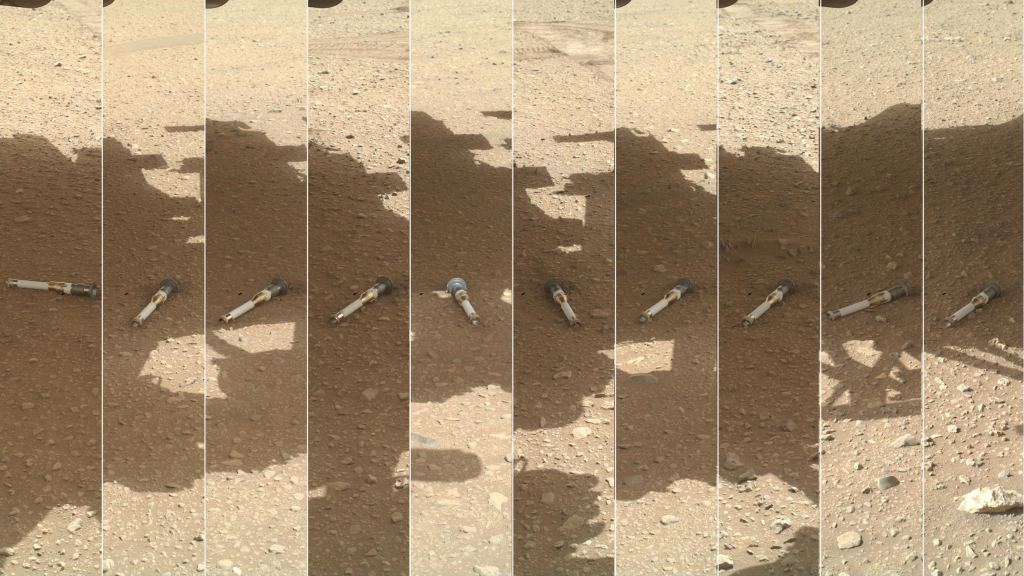 This photo montage shows each of the sample tubes shortly after they were deposited onto the surface by NASA's Perseverance Mars rover, as viewed by the WATSON (Wide Angle Topographic Sensor for Operations and eNgineering) camera on the end of the rover's 7-foot-long (2-meter-long) robotic arm. Image Credit: NASA/JPL-Caltech/MSSS