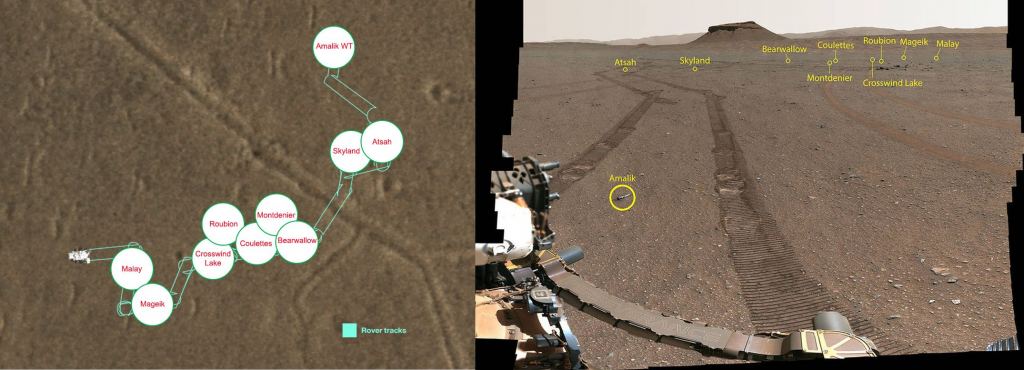 Two different images of the sample depot. NASA's Perseverance Mars dropped each of its 10 samples at a location dubbed "Three Forks" in Jezero Crater. On the left is an orbital image of the depot. The center of each circle is the location where that sample was deployed, and the red text within that circle indicates the name of the sample as designated by Perseverance's science team. On the right is an image from Perseverance, showing each sample in a labelled yellow circle. Image Credit: NASA/JPL-Caltech