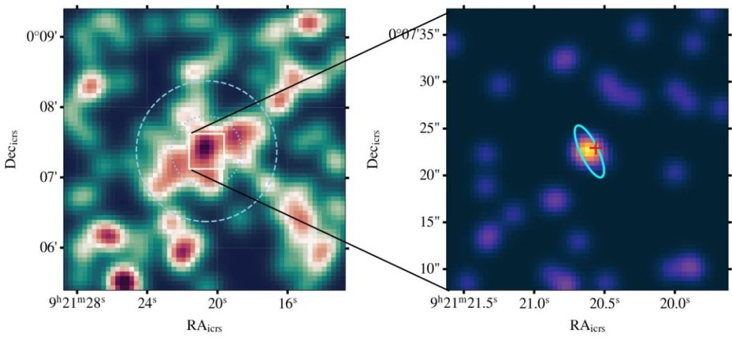 X-ray image cutouts in the region of J0921+0007. The eROSITA/eFEDS image is on the left, the high-resolution Chandra image is on the right. Image Credit: MPE