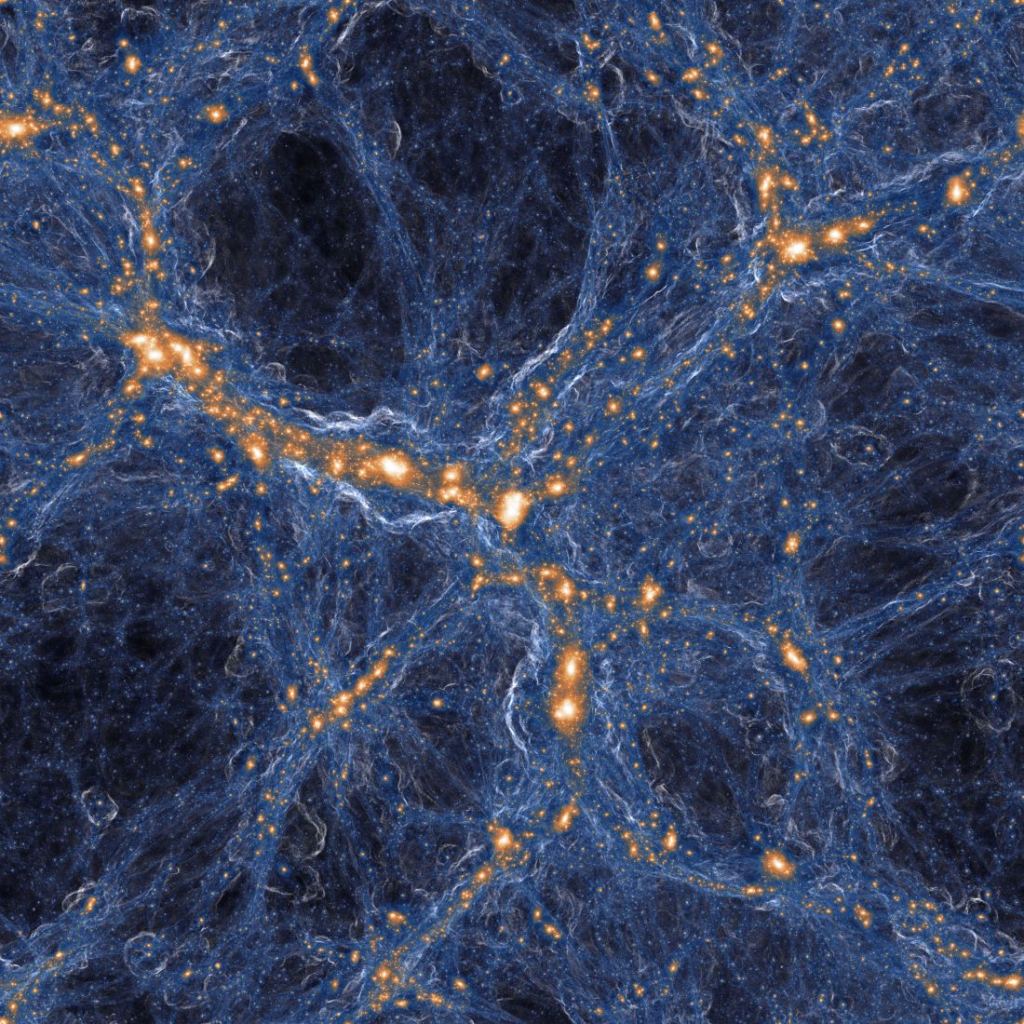TNG Collaboration의 은하 형성 시뮬레이션에서 물질 분포의 복합 모델(암흑 물질 중첩 포함). 