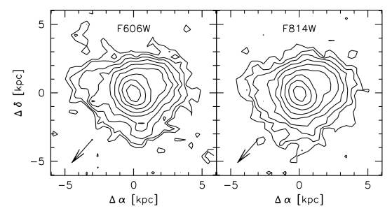 This figure from the research shows the morphology of the galaxy in F606W and F814W (Hubble filters.) The arrow indicates the direction of the linear feature. The galaxy is compact and shows irregular features, possibly indicating a recent merger and/or a connection to the linear feature. Image Credit: van Dokkum et al. 2023