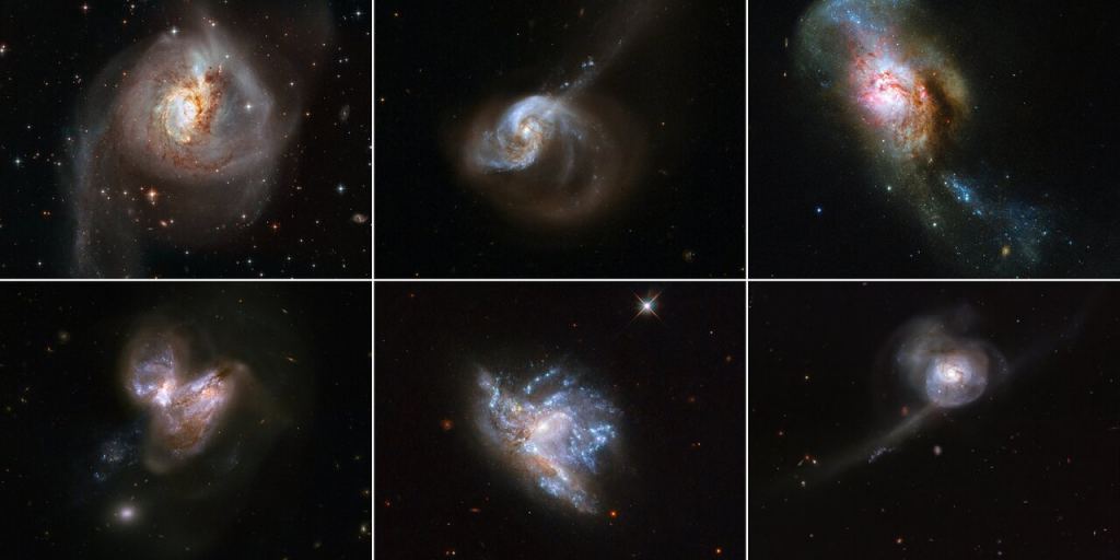 The Hubble has imaged lots of merging galaxies over the years. Galaxy mergers are spectacular events that trigger abundant star formation. Top left: NGC 3256 Credit: ESA/Hubble, NASA Top Middle: NGC 1614 Credit: NASA, ESA, the Hubble Heritage Team (STScI/AURA)-ESA/Hubble Collaboration and A. Evans (University of Virginia, Charlottesville/NRAO/Stony Brook University) Top Right: NGC 4194, also known as the Medusa merger. Credit: ESA/Hubble & NASA, A. Adamo Bottom Left: NGC 3690 consists of a pair of galaxies, dubbed IC 694 and NGC 3690, which made a close pass some 700 million years ago. Bottom Middle: NGC 6052 Image Credit: ESA/Hubble & NASA, A. Adamo et al. Bottom Right: NGC 34 Image Credit: ESA/Hubble & NASA, A. Adamo et al.
