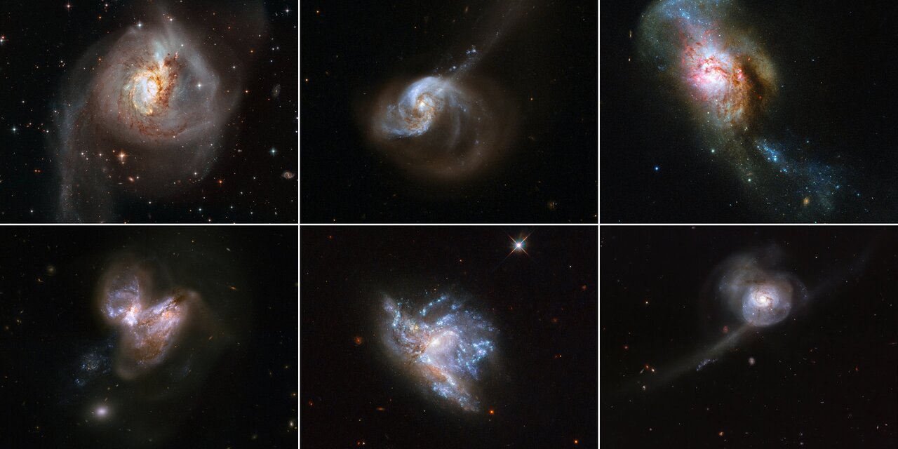 El Hubble ha fotografiado muchas galaxias en fusión a lo largo de los años. Las fusiones de galaxias son eventos espectaculares que desencadenan una abundante formación estelar. Arriba a la izquierda: NGC 3256 Crédito: ESA/Hubble, NASA Arriba en medio: NGC 1614 Crédito: NASA, ESA, el Equipo del Patrimonio del Hubble (STScI/AURA)-ESA/Hubble Collaboration y A. Evans (Universidad de Virginia, Charlottesville/NRAO/ Stony Brook University) Arriba a la derecha: NGC 4194, también conocida como la fusión de Medusa. Crédito: ESA/Hubble y NASA, A. Adamo Abajo a la izquierda: NGC 3690 consta de un par de galaxias, denominadas IC 694 y NGC 3690, que pasaron cerca hace unos 700 millones de años. Centro inferior: NGC 6052 Crédito de la imagen: ESA/Hubble y NASA, A. Adamo et al. Abajo a la derecha: NGC 34 Crédito de la imagen: ESA/Hubble y NASA, A. Adamo et al.
