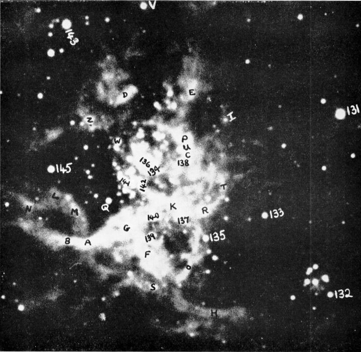This image is from a 1961 paper titled "A Study of the 30 Doradus Region of the Large Magellanic Cloud" by M. W. Feast. It's centred on R140, one of 30 Dorado's massive stars. Image Credit: M.W. Feast 1961, MNRAS. 