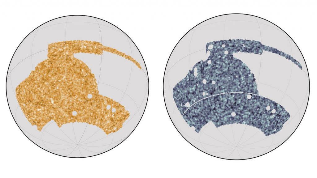 By comparing maps of the sky from the Dark Energy Survey telescope (at left) with data from the South Pole Telescope and the Planck satellite (at right), the team could infer how the matter is distributed. Courtesy:  Yuuki Omori