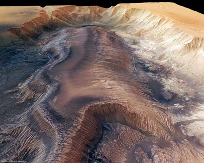 This images shows Hebes Chasma, an isolated part of the Valles Marineris. It's an enclosed trough almost 8000 metres deep that contains light-toned deposits. Image Credit: ESA/DLR/FU Berlin (G. Neukum) 