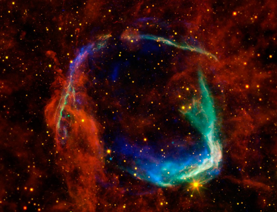 This image of the supernova remnant RCW 86 is a composite image from Spitzer, WISE, and Chandra. The ring shape has become less clear over 1800 years, but its location matches the location of SN 185 recorded in the Hou Han shu. Image Credit: By NASA/JPL-Caltech/UCLA - WISE, Public Domain, https://commons.wikimedia.org/w/index.php?curid=17141291