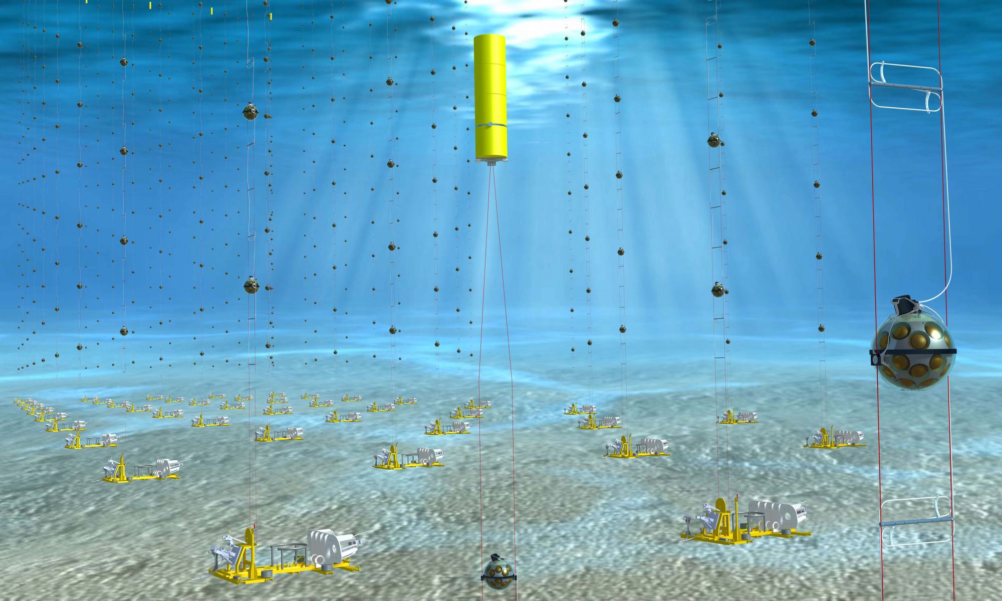 Underwater neutrino detectors take advantage of location to track these fast particles. This is an artist's impression of a KM3NeT installation in the Mediterranean. Chinese scientists hope to build a bigger underwater "neutrino telescope" in the next few years. Courtesy Edward Berbee/Nikhef.