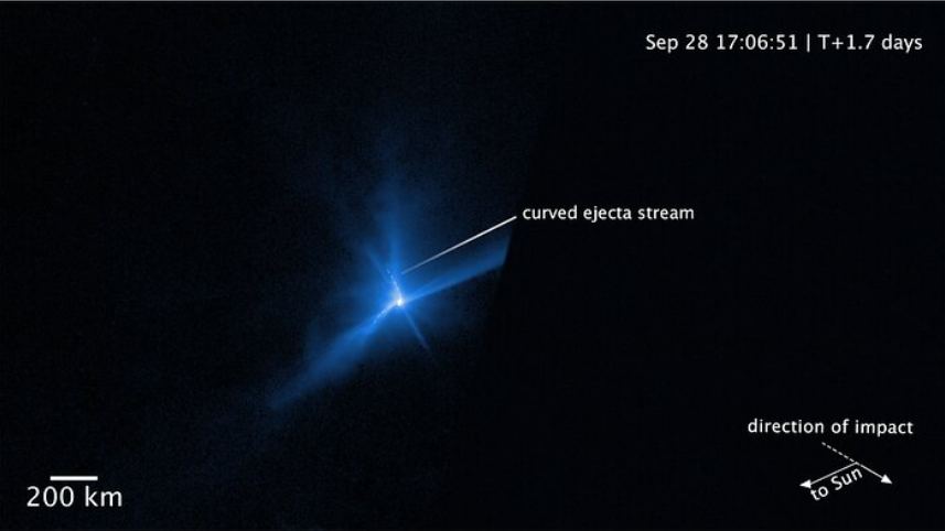 A few hours after the impact, gravity starts to warp the ejecta stream. Image Credit: NASA, ESA, STScI, J. Li (PSI)